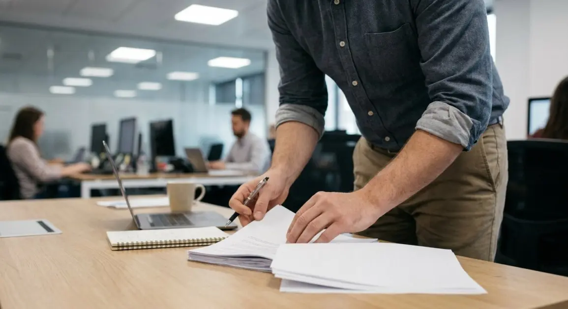 A person stands at a desk in a modern office, reviewing papers and holding a pen. A laptop, mug, and notebook are