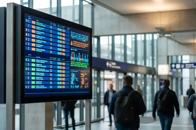 A digital departure board with abstract colored text stands in a modern, glass-walled station. Blurred travelers walk